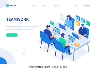 People Team Work Together. Can Use For Web Banner, Infographics, Hero Images. Flat Isometric Vector Illustration Isolated On White Background.