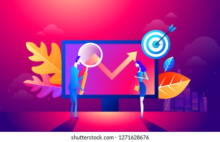 People team work together on seo. Can use for web banner, infographics, hero images. Flat isometric vector illustration isolated on purple and red background