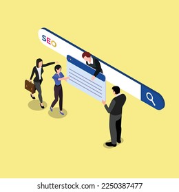 People team work together on seo 3d isometric vector illustration concept for banner, website, landing page, ads, flyer template