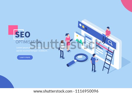 People team work together on seo. Can use for web banner, infographics, hero images.  Flat isometric vector illustration isolated on white background.