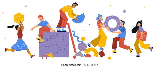 People team work together set up huge colorful geometric abstract shapes. Businesspeople teamwork, office employees collaboration, cooperation, partnership, Linear cartoon flat vector illustration