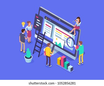 People team work together in web industry. Can use for web banner, infographics, hero images.  Flat isometric vector illustration isolated on white background.
