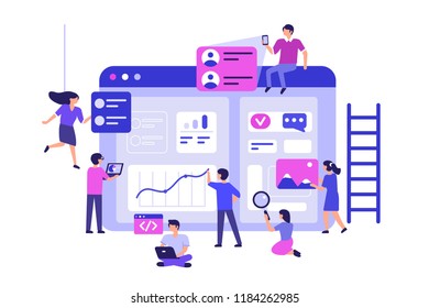 People team work together in web industry. Can use for web banner, infographics, hero images. Flat vector illustration isolated on white background.