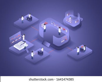 People are team working to analyse the data using chart, graph, screen, and etc. in workspace. 3D isolated isometric vector illustration
