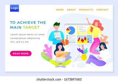 Personen in Teams, die am Start arbeiten, um das Hauptziel zu erreichen. Mann und Frauen denken über Unternehmensstrategie nach. Vorstand für Unternehmensanalyse und Statistik. Vektorillustration-Illustration einer Website im Flachstil