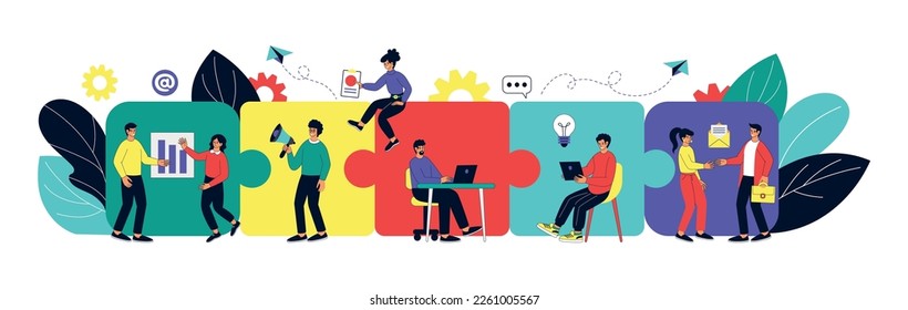 People team works, puzzle connect. Office partnership and teamwork, building success strategy together. Tiny workers, huge jigsaw. Men and women creative brainstorming. Vector flat tidy concept