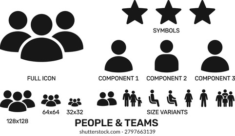 People and teams icon collection with group, individual components, stars, and size variants for interface design and branding