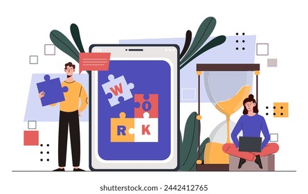 People with teamwork concept. Man and woman with colorful puzzles and hourglass. Collaboration, partnership and cooperation. Colleagues work at common project. Cartoon flat vector illustration