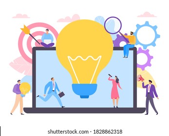 People teamwork at creative business idea, vector illustration. Man woman character near flat laptop with bulb concept. Team work solution technology design, community company background.