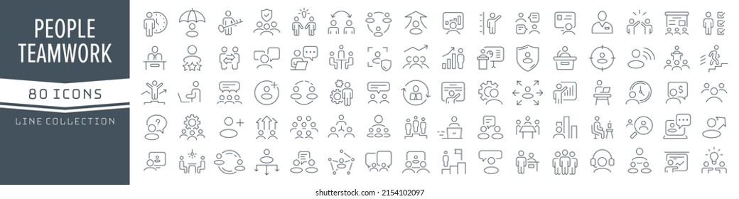 Colección de iconos de línea de trabajo en equipo y personas. Un gran icono de interfaz de usuario en un diseño plano. Paquete de iconos de contorno delgado. Ilustración del vector EPS10