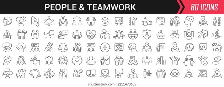 People and teamwork linear icons in black. Big UI icons collection in a flat design. Thin outline signs pack. Big set of icons for design