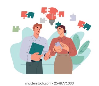 People with teamwork. Man and woman in suits near colorful puzzles and light bulb. Colleagues and partners working on common project. Flat vector illustration isolated on white background