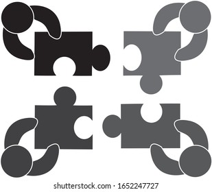 People teamwork puzzle icon isolated on white background. Teamwork with puzzle icon for web site, jigsaw logo and puzzle icon. Creative business concept. Vector illustration of team work, simple style