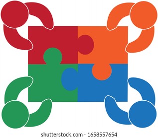 People teamwork puzzle icon isolated on white background. Teamwork with puzzle icon for web site, jigsaw logo and puzzle icon. Creative business concept. Vector illustration of team work, simple style