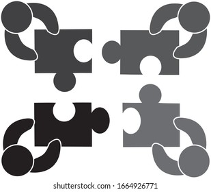 People teamwork puzzle icon isolated on white background. Teamwork with puzzle icon for web site, jigsaw logo and puzzle icon. Creative business concept. Vector illustration of team work, simple style