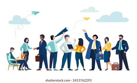 People, teamwork. Vector colorful illustration of internet communication, social network, chat, video, news, message, website, find friends, mobile web graphics, development paths. Business contract