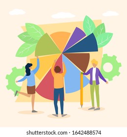 People teamwork vector illustration flat design. Business report analytic presentation in pie chart parts circle diagram concept. Man, woman coworkers, partners collaboration group.