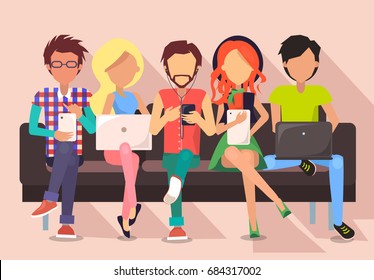 People and technology banner vector illustration. Males and females sit on bench in wi-fi zone using modern gadgets and getting free internet access