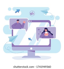people and technology chatting computer and smartphone vector illustration