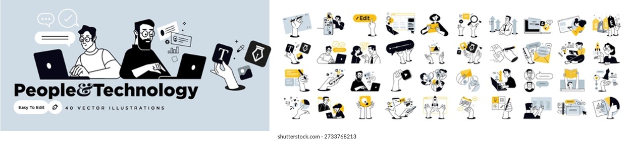People and technology. Creative vector illustrations of business planning and strategy, management, startup, ecommerce, communication, web design and development, data analytics, social media and marketing.