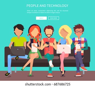People and technology web banner vector illustration. Males and females sit on bench in wi-fi zone using modern gadgets and getting free internet access