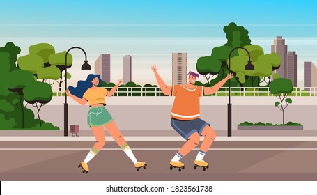 People teen character riding rollers skate in city street. Vector flat graphic design illustration