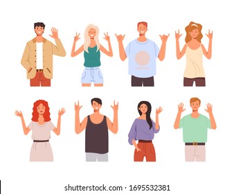 People teen characters say hello and showing greeting gesture hands isolated set. Vector flat graphic design cartoon illustration