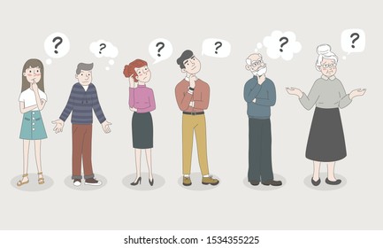 People - Teen Girl, Boy, Woman, Man, Old Men, Old Woman - are Shrugging, Thinking Confused with a Curious Expression - I don t know. Emotion and Question mark. Hand Drawn, Flat Cartoon Characters