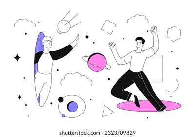 People with teleportation line concept. Men in space near planets, universe and galaxy. Cyberspace, virtual reality and metaverse. Imagination and fantasy. Linear flat vector illustration
