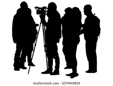 People and television camera operator on white background
