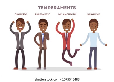 People temperaments set. Choleric and melancholic, sanguine and phlegmatic.