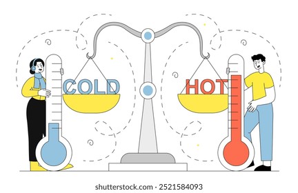 Pessoas com contraste de temperatura. Homem e mulher com termômetros perto de escalas. Dez caras e meninas com mudanças climáticas. Pessoas com meteorologia. Ilustração de vetor linear isolada no plano de fundo branco