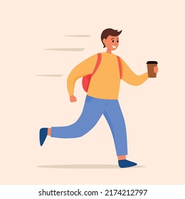 People template set for education, business, online shopping, project management. Young confident business man drinking coffee and walking in hurry. Worker rushes to work.