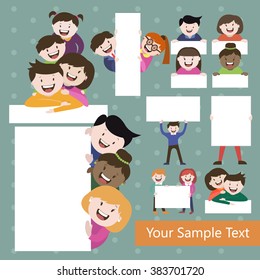 people with a template for text , your sample text , your text, people with placards , vector graphics