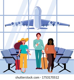 People in the terminal at the airport in masks of medical protection. Waiting hall. Vector illustration Traveling by plane during the coronavirus epidemic. Seasonal Flu Prevention