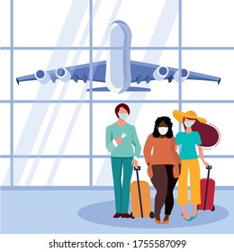 People in the terminal at the airport in masks of medical protection. Waiting hall. Vector illustration Traveling by plane during the coronavirus epidemic. Seasonal Flu Prevention