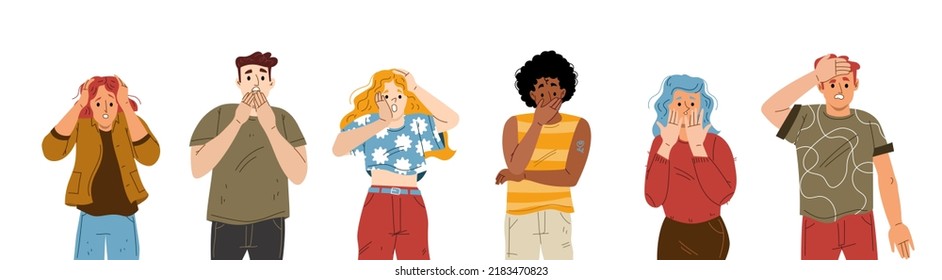 People with terrified and surprised face expression. Vector flat illustration of diverse characters with emotions of shock, fear and startled, open mouth and hands on head