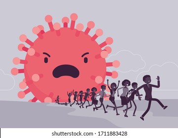 People terrorized by dangerous virus, contagious, deadly horrible epidemic outbreak. Giant infectious disease attacking patients, serious pandemic spreading. Vector flat style cartoon illustration