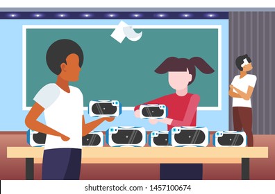 people testing 3d glasses students wearing virtual reality digital goggles headset vision vr technology concept modern classroom interior flat portrait horizontal