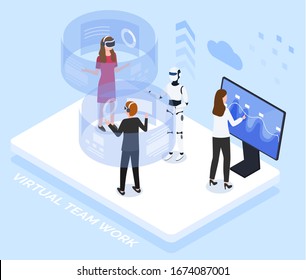 People testing innovative technologies. Man and woman interacting with help of cyberspace, talking to robot. Supervisor monitoring brain activities of humans. Lab experiment vector in isometric style