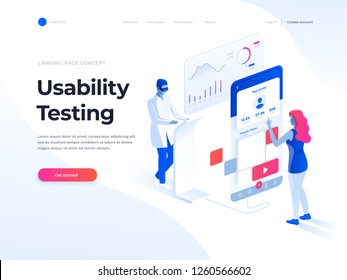 People testing the interface and usability of a mobile application. Isometric illustration. Landing page concept.
