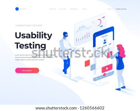 People testing the interface and usability of a mobile application. Isometric illustration. Landing page concept.