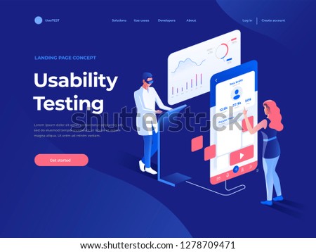 People testing the interface and usability of a mobile application on the dark blue backgroung. 3D Isometric illustration. Landing page concept.