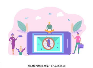 People are testing new software. Search for the virus. The virus enters a computer or smartphone through a mailbox. Beta testing or testing a new product, antivirus sale concept.