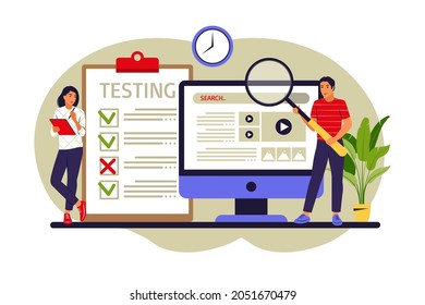 People testing software fixing bugs in hardware device. Application test and IT service concept. Vector illustration. Flat