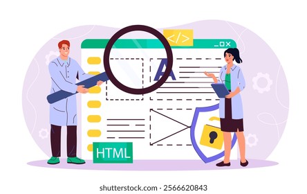 People testing software. Woman and man with magnifying glass read lines of computer code. Programmer and IT specialists. Testers fix errors in website code. Flat vector illustration