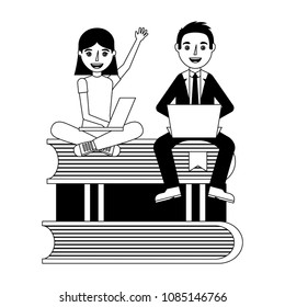 people with text books pile and laptop computer