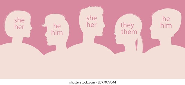 People with text gender pronouns. Silhouette vector stock illustration. Men, women, transgender people and people of a different gender. Non-binary people. Vector graphics or banner