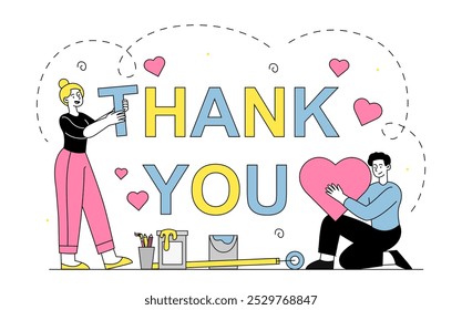 People with thank you poster. Woman with letters and man with heart in hands. Romantic and love message. Valentines day and wedding anniversary. Linear vector illustration isolated on white background