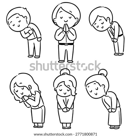 People in thankful and apologizing poses hand drawn doodle style vector illustration